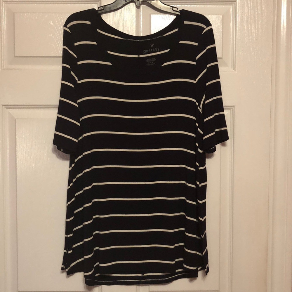 Navy and white striped 3/4 length shirt
